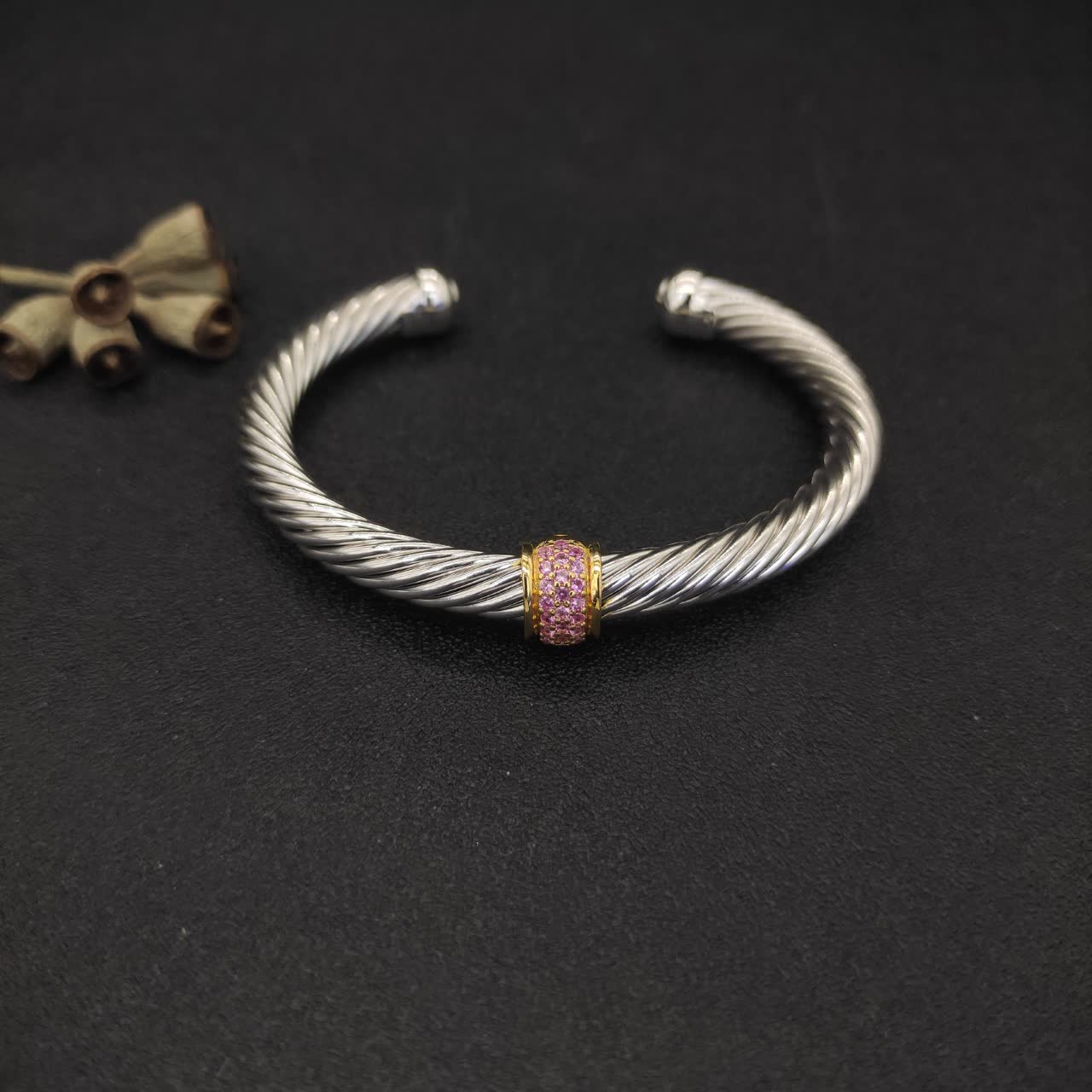 David Yurman Silver Cable Bracelet with Pink Gemstone